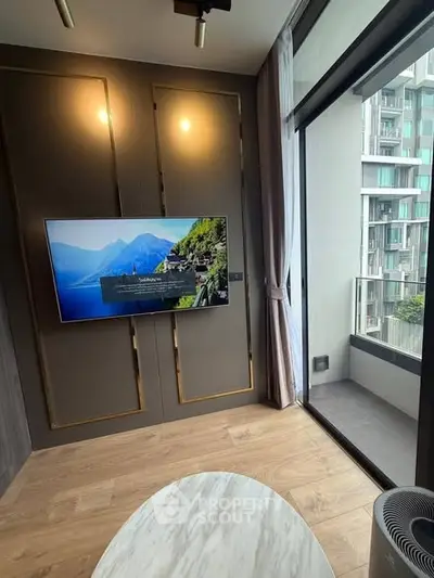 Modern living room with balcony view in luxury apartment