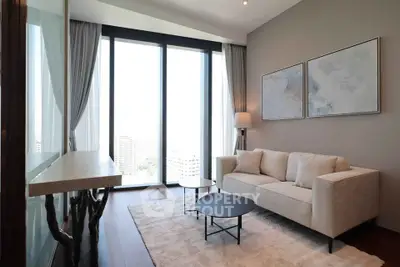 Elegant living room with floor-to-ceiling windows and modern decor in a high-rise apartment.