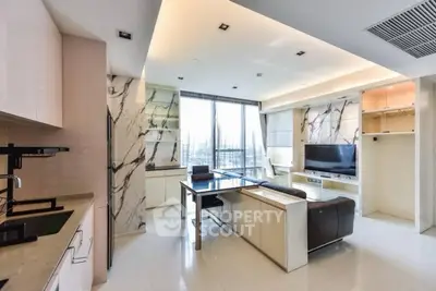 Luxurious modern living room with marble accents and sleek furniture