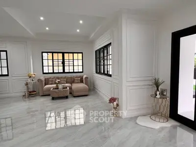 Luxurious living room with elegant marble flooring and plush seating in a modern home.