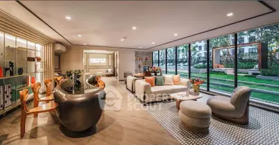 Luxurious modern living room with garden view and elegant furniture