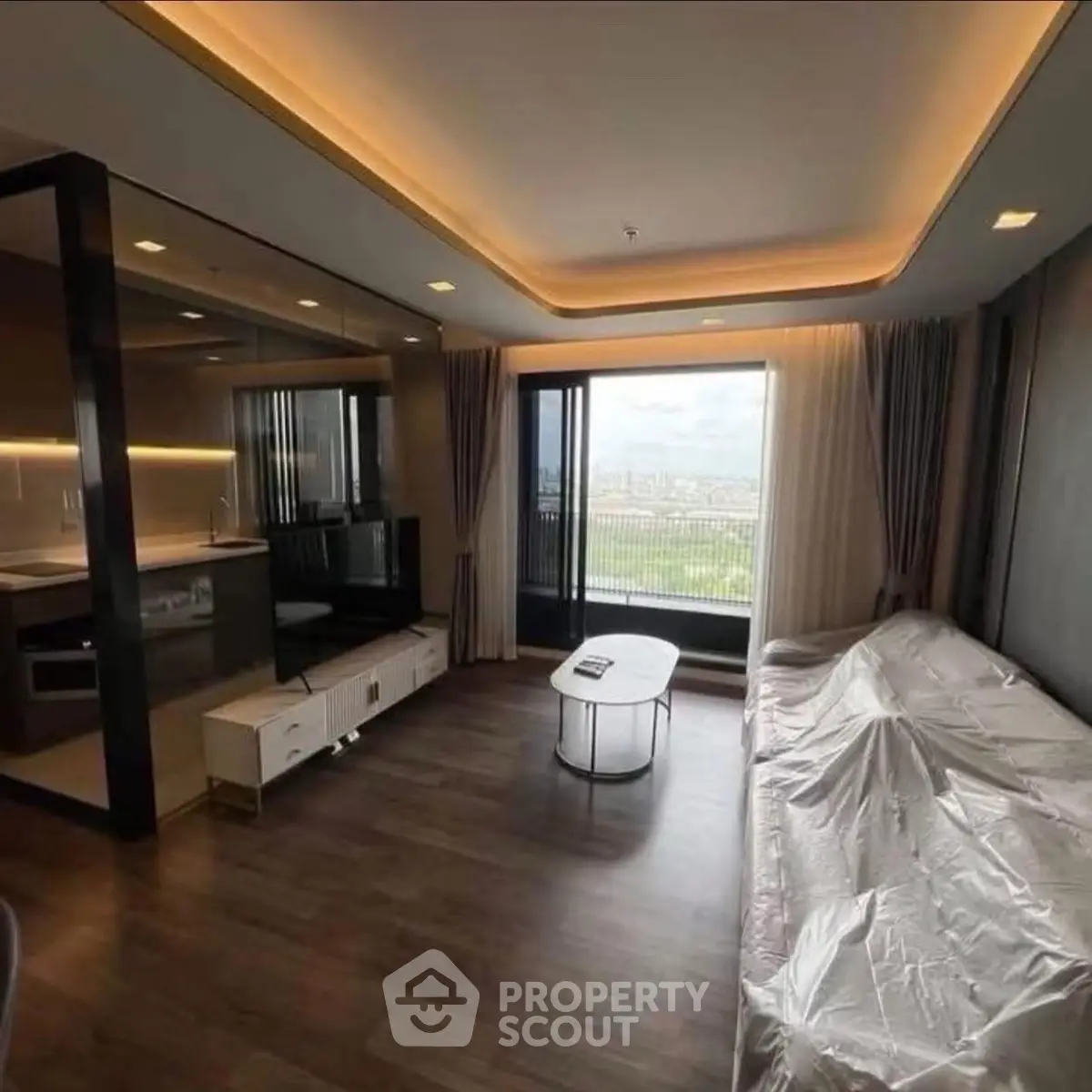 Modern living room with sleek design and panoramic window view