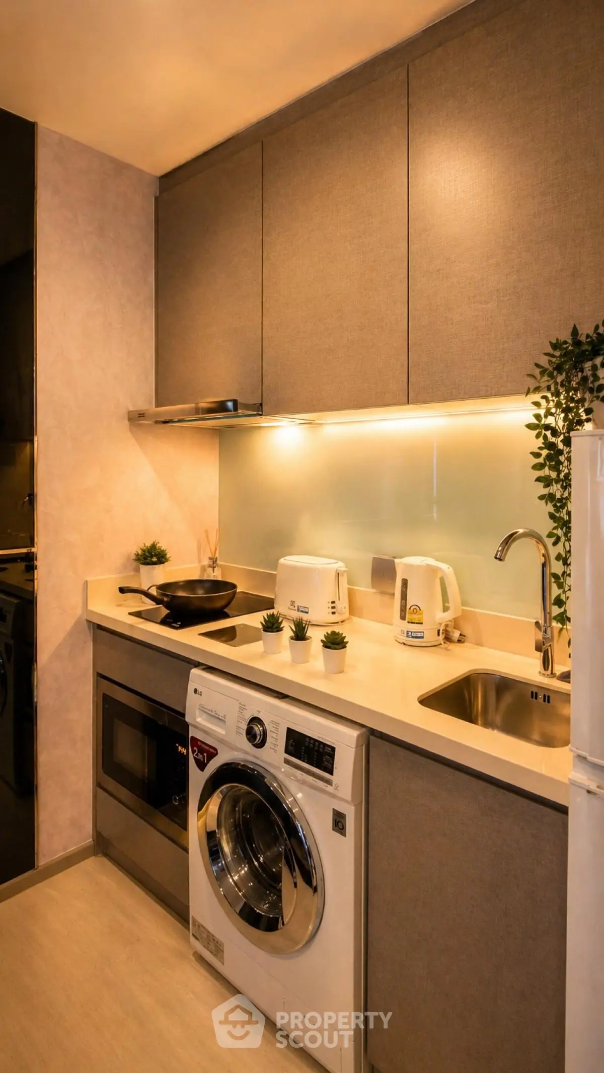 Modern kitchen with sleek appliances and stylish cabinetry