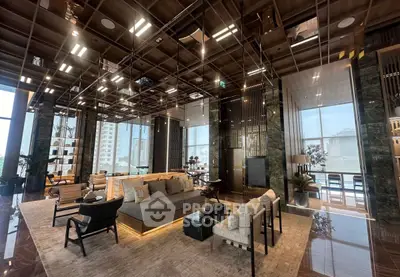 Luxurious modern living room with floor-to-ceiling windows and elegant decor in high-rise building.