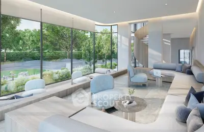 Luxurious modern living room with panoramic garden view and elegant spiral staircase