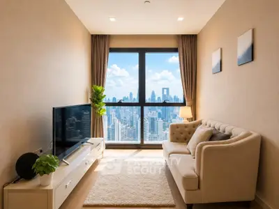 Luxurious living room with stunning city skyline view, elegant decor, and natural light.