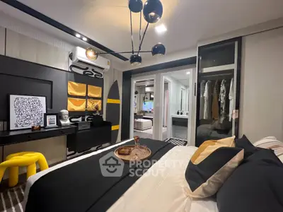 Modern bedroom with stylish decor and open closet, featuring contemporary lighting and elegant furnishings.