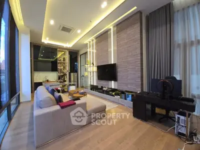 Luxurious modern living room with large windows and stylish decor