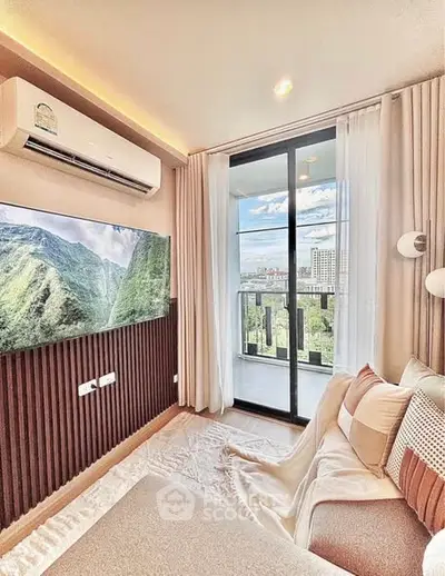 Modern living room with balcony and scenic view, featuring cozy seating and air conditioning.