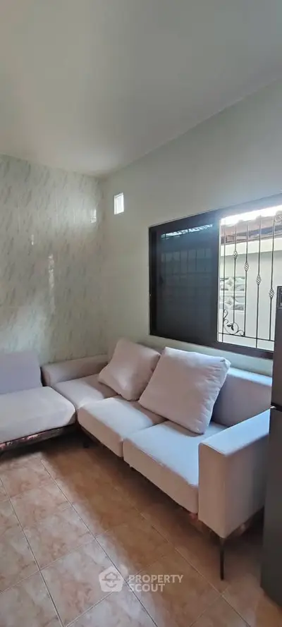 Cozy living room with modern sofa and natural light through window