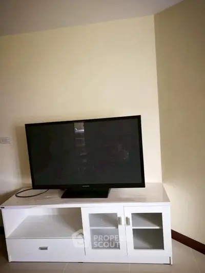 Modern living room with sleek TV stand and flat-screen television