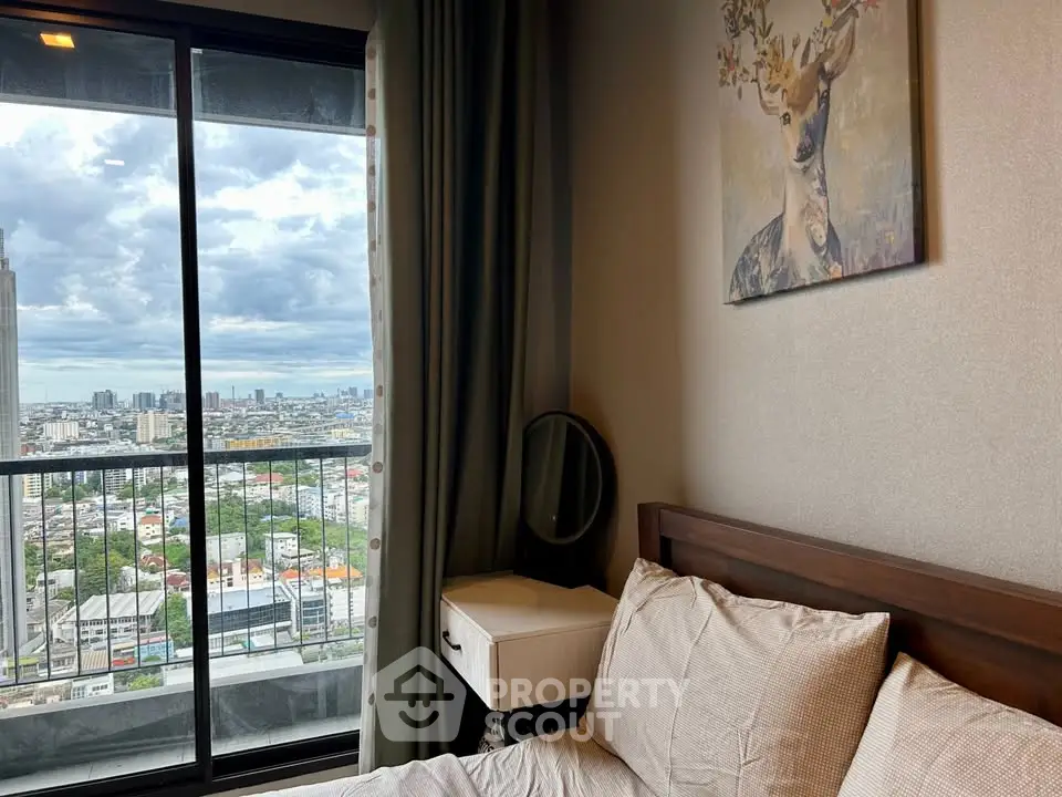 Modern bedroom with stunning city view from high-rise balcony, featuring elegant decor and cozy ambiance.