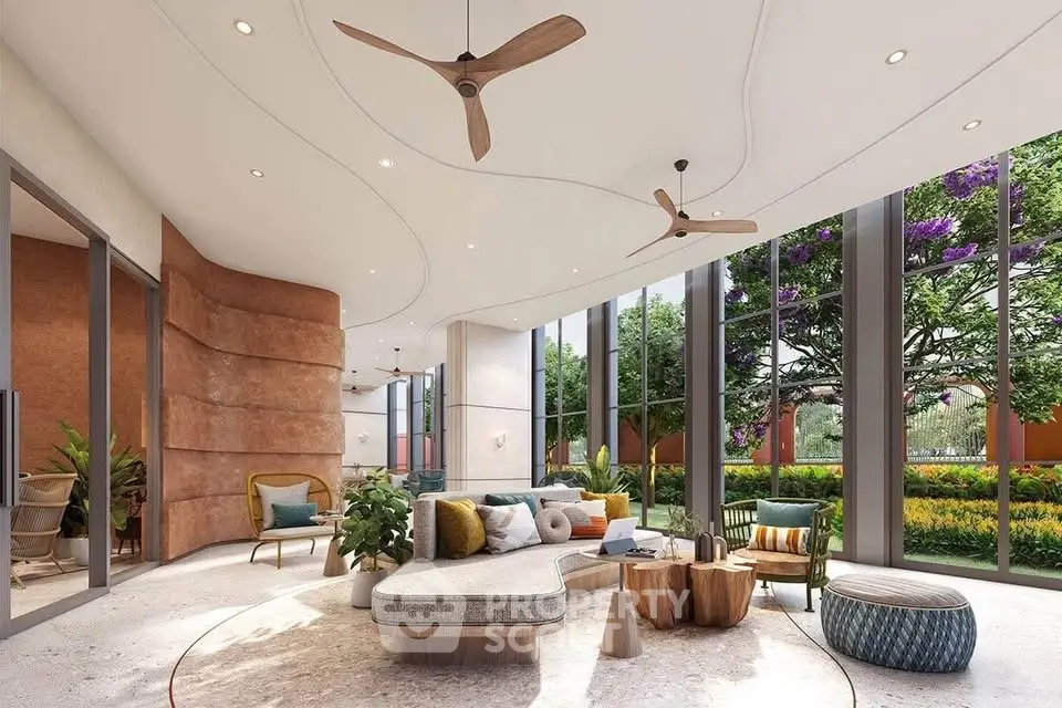 Luxurious living room with modern design and garden view, featuring stylish furniture and ceiling fans.