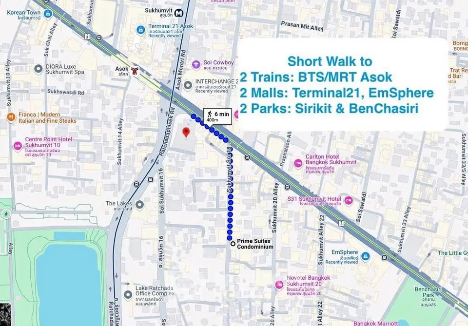 Prime Suites Condominium location map near BTS MRT Asok and Terminal 21 in Bangkok.