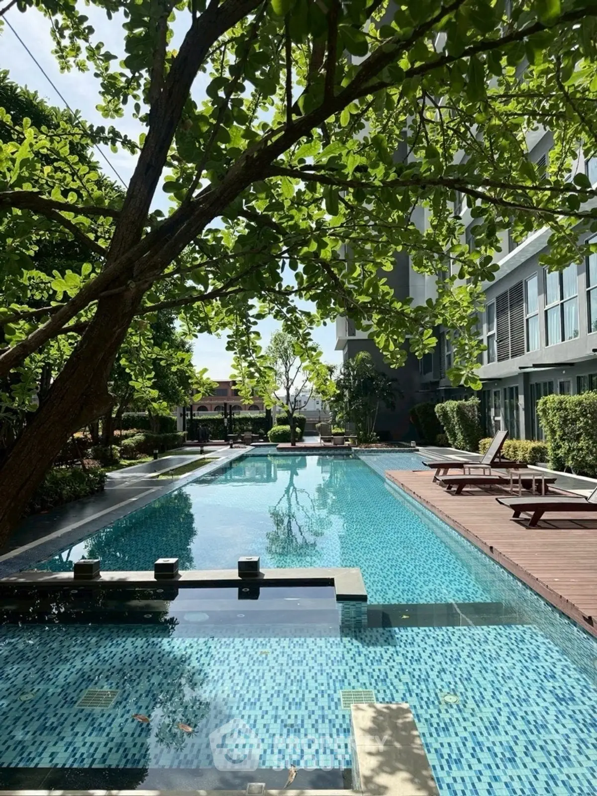 Luxurious poolside view with lush greenery and modern architecture, perfect for relaxation and leisure.