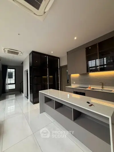 Modern kitchen with sleek design and open layout in luxury apartment