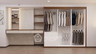 Elegant modern closet with built-in shelves and hanging space in a stylish interior.