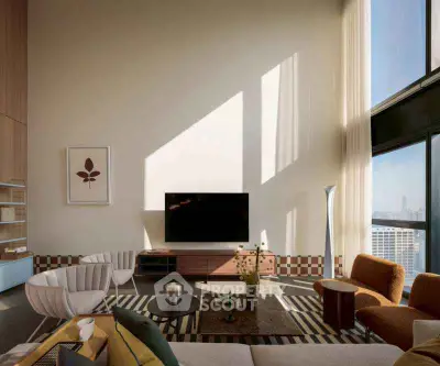 Luxurious modern living room with high ceilings and city view, featuring stylish furniture and decor.