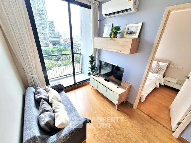 Modern living room with balcony view in a stylish apartment