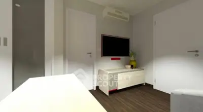 Modern living room with sleek furniture and wall-mounted TV, ideal for cozy relaxation.