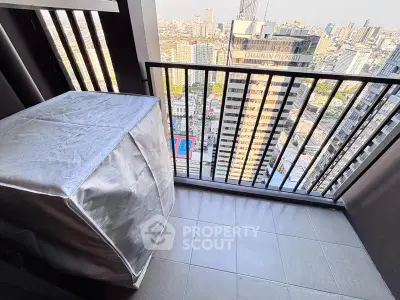 High-rise balcony with cityscape view, perfect for urban living enthusiasts.
