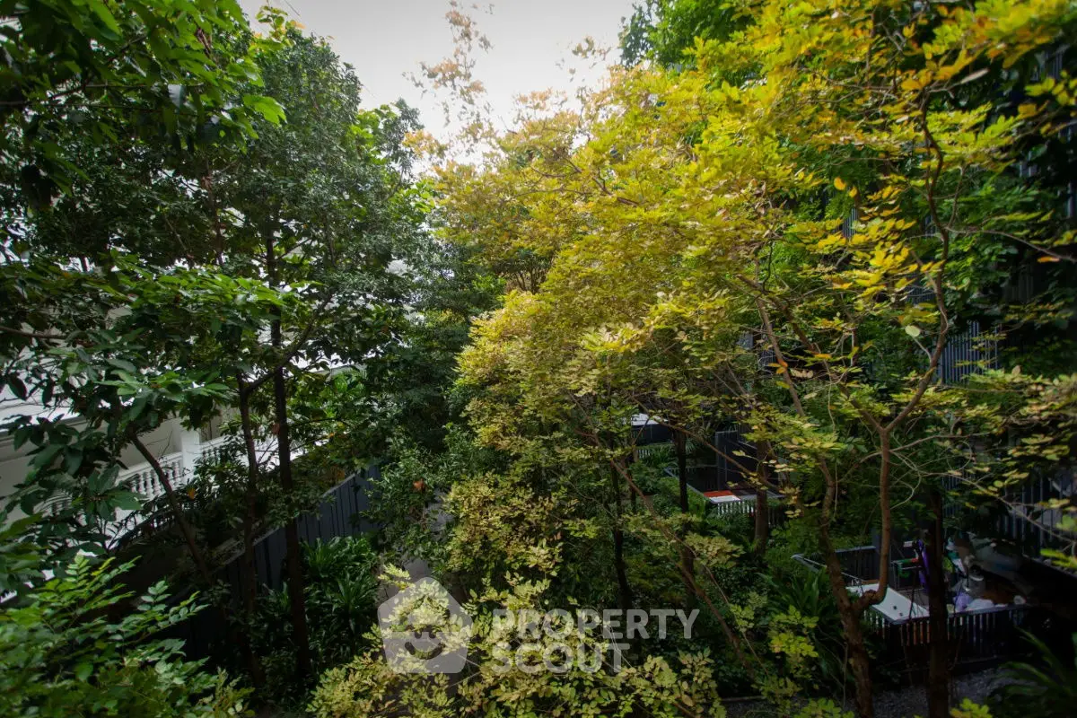 Lush garden view with dense greenery and serene atmosphere