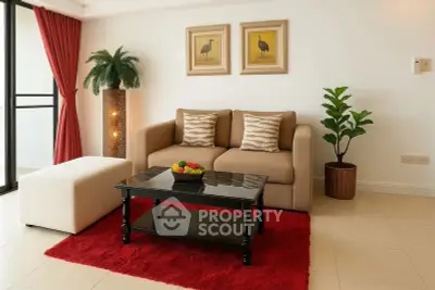 Stylish living room with modern decor, cozy sofa, and vibrant red rug, perfect for relaxation and entertaining.