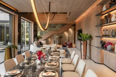 Luxurious modern living room with elegant dining area and stylish decor