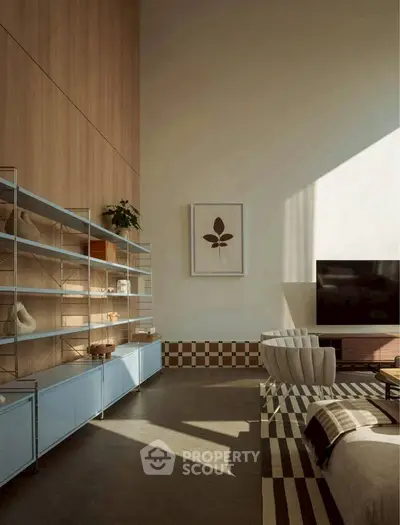 Modern living room with high ceilings, stylish shelving, and cozy seating area bathed in natural light.