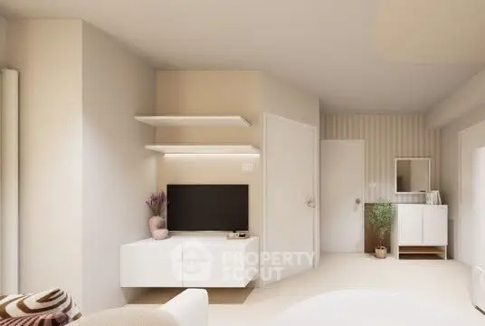 Modern living room with minimalist decor and neutral tones