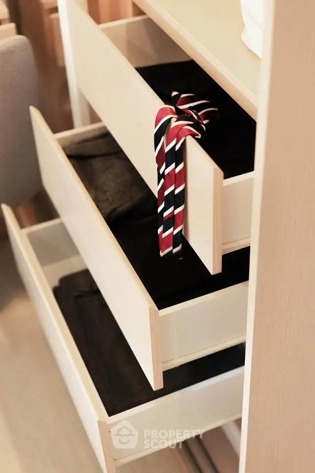 Modern wardrobe with open drawers showcasing organized clothing and a stylish tie.