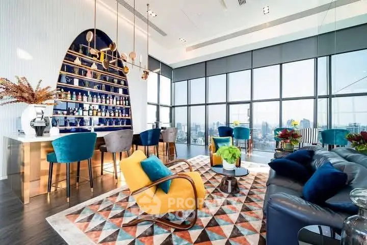 Luxurious modern living room with panoramic city views and stylish decor.