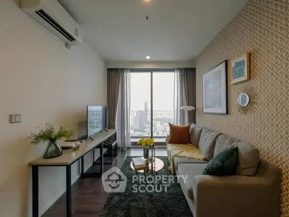 Modern living room with city view, stylish decor, and natural light.