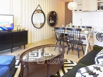 Stylish modern living room with open kitchen and chic decor
