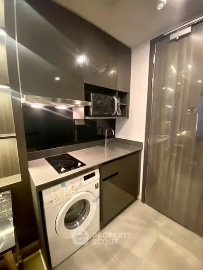 Modern compact kitchen with sleek black cabinets and built-in washing machine.