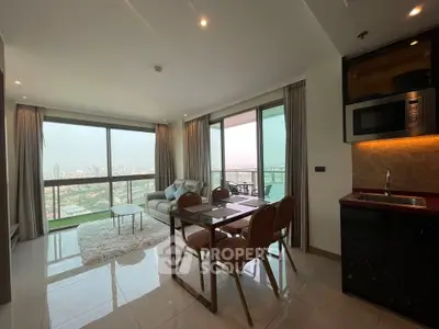 Luxurious corner unit with stunning city views, spacious living area, and modern kitchen in high-rise apartment.
