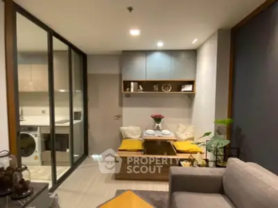 Modern living room with cozy dining nook and stylish decor