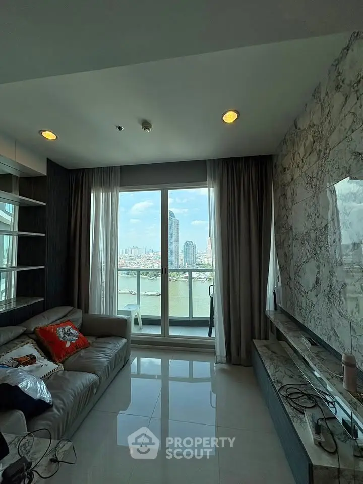 Luxurious living room with stunning city view and modern decor