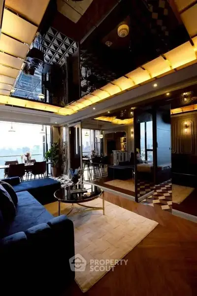 Luxurious modern living room with stylish decor and expansive windows