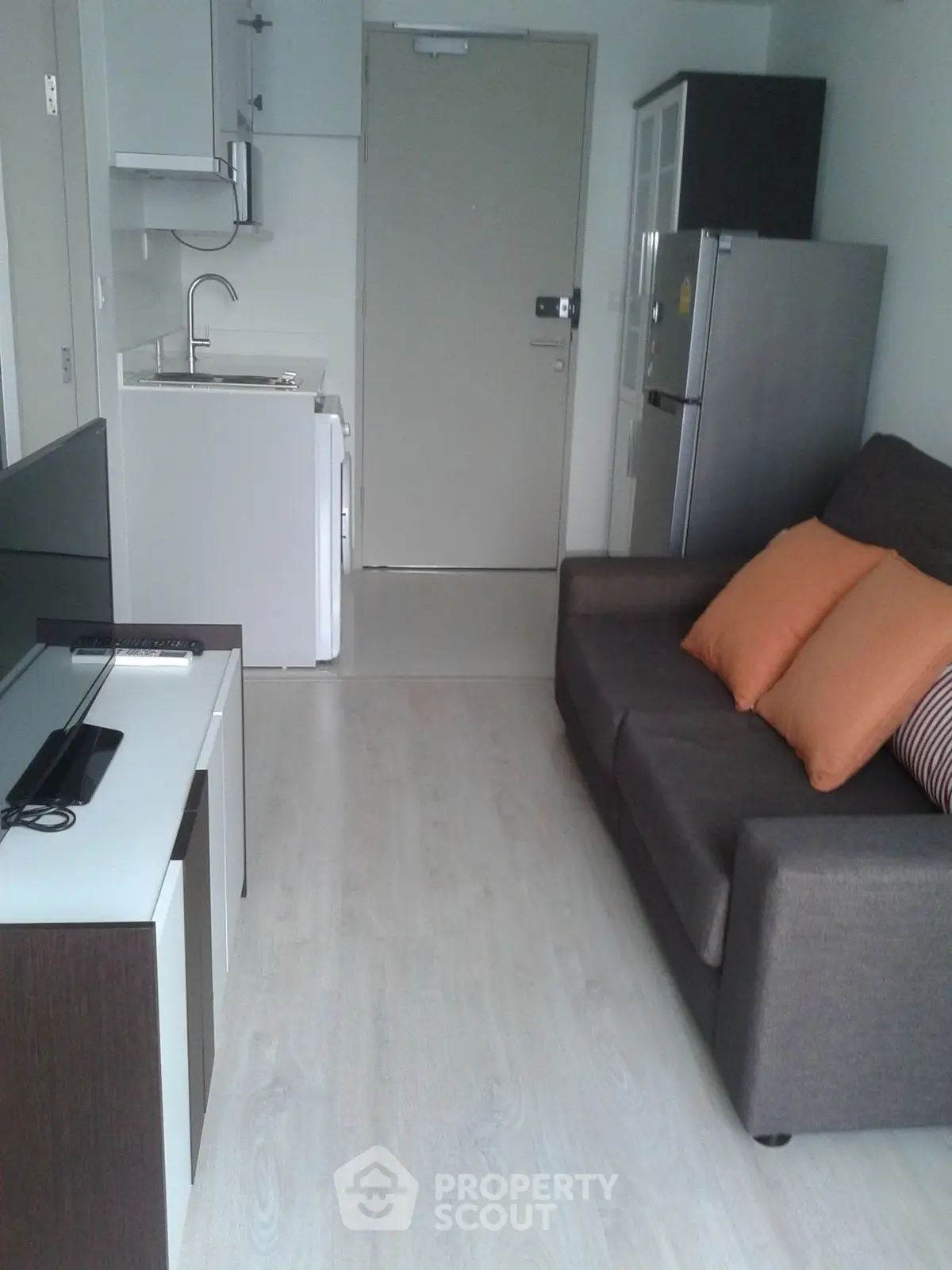 Compact modern living room with kitchenette, sofa, and TV in a cozy apartment setting.
