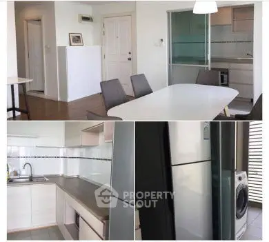 Modern apartment with sleek kitchen and dining area, featuring contemporary appliances and stylish decor.