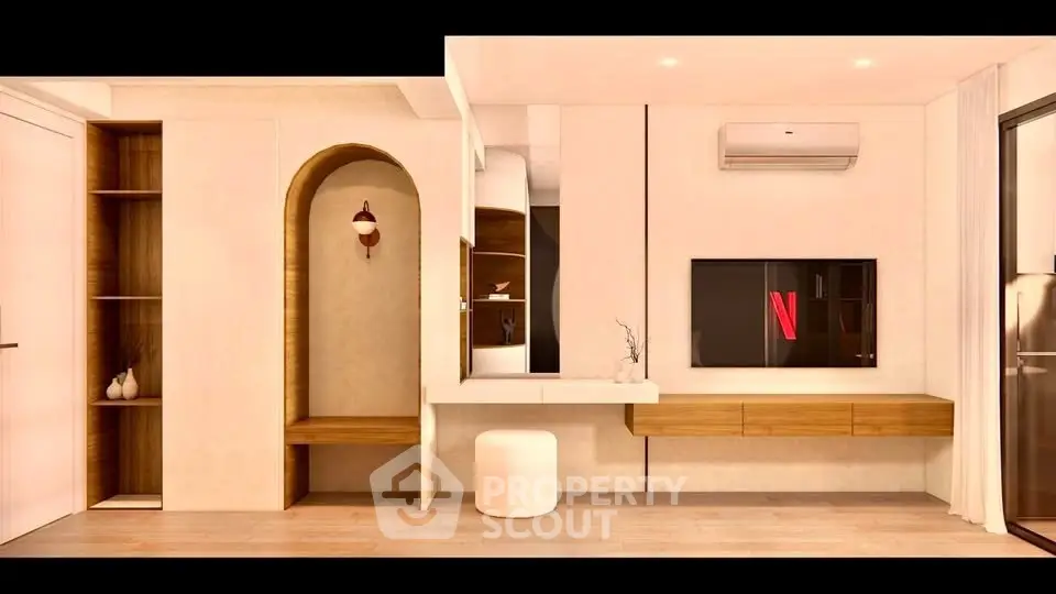 Modern living room with sleek design and air conditioning unit