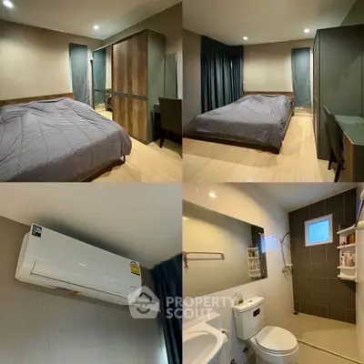 Modern bedroom and bathroom with sleek design and air conditioning unit.