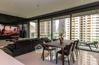 Luxurious open-plan living space with sleek furnishings and floor-to-ceiling windows offering an urban view, perfect for upscale city living.