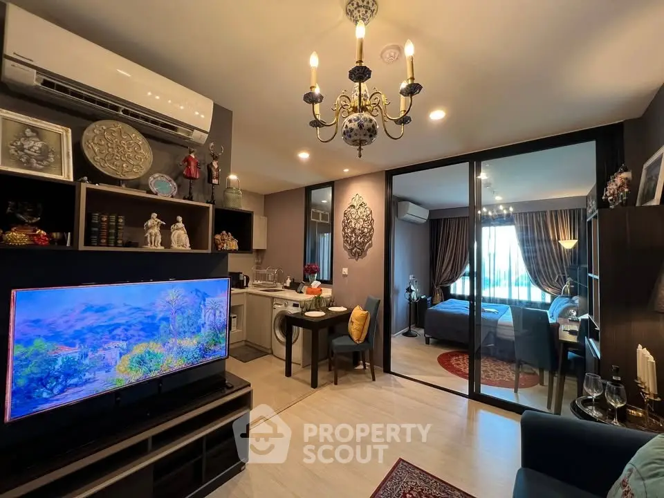 Luxurious open-plan living room with elegant decor and modern amenities in a stylish apartment.