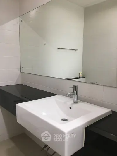 Modern bathroom with sleek white sink and large mirror