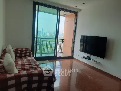 Spacious living room with city view and modern decor