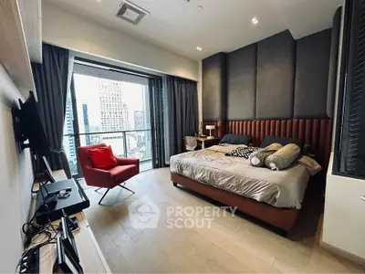 Luxurious bedroom with city view and modern decor in high-rise apartment