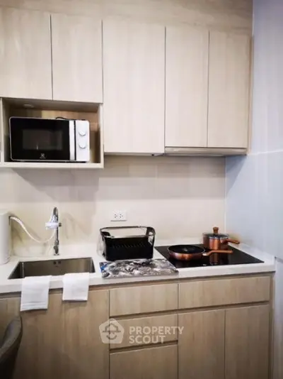 Modern kitchen with sleek cabinetry and built-in microwave, featuring an electric stove and sink.