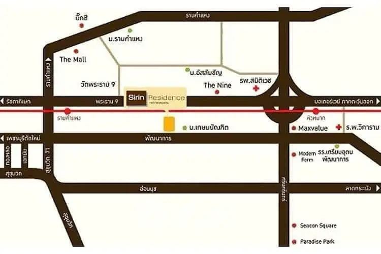 Map showing location of Sirin Residence near major landmarks and shopping centers.